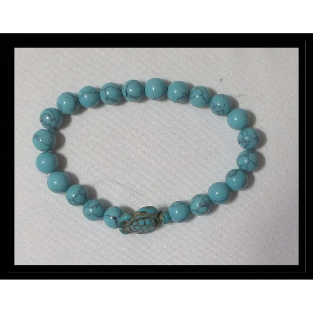 Turquoise Blue Bead Stretch Bracelet with Sea Turtle B017